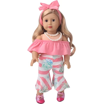 18 Inch American Doll Fete Haine Roz de Imprimare Evazate Pantaloni Set+Perle Nou-nascuti Jucarii pentru Copii Accesorii se Potrivesc 43 Cm Băiat Păpuși c716