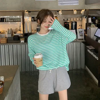 Cu dungi, cu Maneci Lungi T-Shirt Stil coreean Pierde O-Gât Casual de Toamna Haine de Moda de Îmbrăcăminte pentru Femei, Plus Dimensiune T-shirt