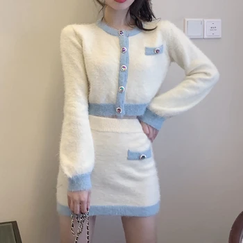 Femei Tricotat Blând Contrast de Culoare Cardigan Coreea de Single-breasted Butonul Pulover Tricotate Pachet Solduri Mini Fusta Două Bucata Set