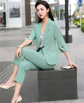 Elegant Verde De Primăvară-Vară Jumătate Maneca Formale Pentru Femei Costume De Afaceri Profesionale Doamnelor Munca De Birou Poarte Sacouri Set Haine