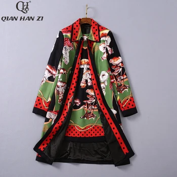 Qian Han Zi designer de moda costum sacou Femei set imprimare rochie Vesta+ciuperci imprimare cristal Butoane haină de lână set de două piese