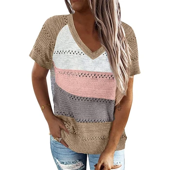 Noul Design de Bună Calitate Pret de Fabrica de Moda de Vânzare Fierbinte Femei cu Dungi de Culoare Bloc Knit V-Neck cu Mânecă Scurtă T-Shirt