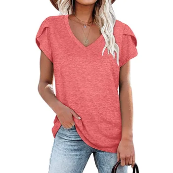2021 Moda Noua Femei T-Shirt Elegant Culoare Solidă Doamnelor Tee Casual V-Neck Maneca Scurta Femei Topuri
