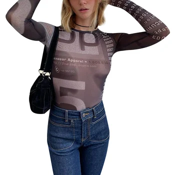 Femei de Primavara Toamna Topuri Casual Grafic T-Shirt cyber y2k Gât Rotund Maneca Lunga Slim Fit Imprimate Topuri de Cultură Bluza Grunge Tees
