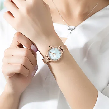 ROSE&de ALBINE a Crescut de Aur Ceasuri Pentru Femei de Moda Verde Rotund Dial Ceasuri de Lux Simplu Stras Femei Ceas de mână din Metal ochiurilor de Plasă Benzi