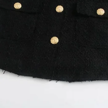 TRAF Za Femei Sacou Negru Sacou de Tweed Femeie de Moda Texturate Scurtat Sacou Maneca Lunga Butonul Office Elegante Femei Blazer