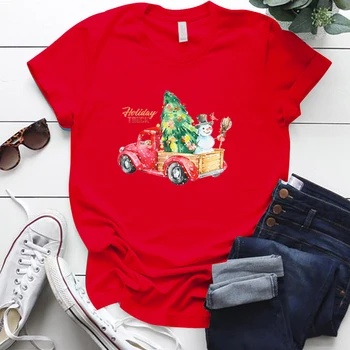 Vacanta Camion de Imprimare de Crăciun Camasi pentru Femei S-5xl Bumbac Femeie Tricouri Topuri cu Maneci Scurte Cadou pentru Familie T-shirty Damskie