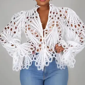 2021 Nou Elegant cu Maneci Lungi Tubulare Plasă de Dantela Cămașă Pur Vedea Prin partea de Sus Bluza Haine Africane Camasi Pentru Femei J1M6