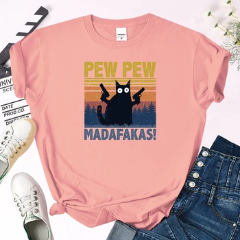 Femei pe maneci Scurte pew pew madafakas Pisica cu arma amuzant imprimare tricouri femei Montat Moale gât T-shirt kawaii topuri Casual