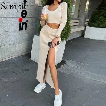 Sampic Sexy Femei De Iarnă Tricotate Rochie Fusta Set Skinny, Camasa Cu Maneca Lunga Topuri 2021 Și De Lungă Înaltă Waisted Fusta Două Bucata Set