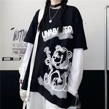 QWEEK Mozaic Gotic Tricou Femei Harajuku Urs Print Grafic Teuri Japoneză Hip-Hop E Fată Zână Grunge Topuri cu Maneci Lungi Punk