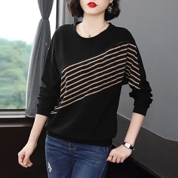 2021 O Gât T Cămașă Femei Toamna cu Maneci Lungi Tricou Femeie, Plus Dimensiune T-shirt Vrac Stil coreean Supradimensionate cu Dungi Camasi Femei