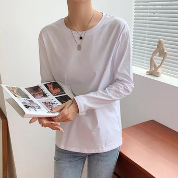 Femei Negru Și Alb Dungi Topuri Casual O de Gât Maneca Lunga Pulover Pierde T-shirt 2021 Toamna Noua Moda Coreea de Tricou de Bumbac