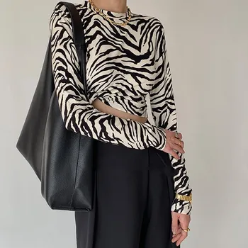 Karrram Coreea Style Leopard Maneca Lunga Crop Top Elegant, Sexy Slim Toamna Tricouri Chic De Moda Cu Nervuri Tricouri Japoneză Topuri