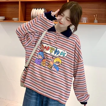Femeie coreean Tricouri Colegiul Stil Dungi Tricou POLO Kawaii Goth tricou Tricou Bumbac BF Topuri 2021 Femei Îmbrăcăminte de Modă