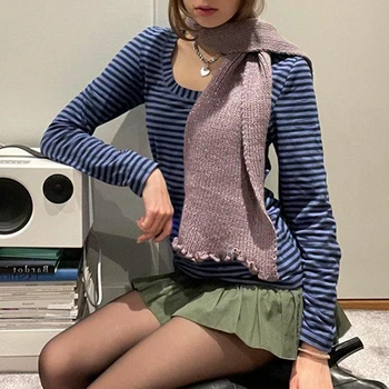 Primavara Toamna cu Maneca Lunga O de Gât Culturilor Sus Harajuku cu Dungi T-shirt de Epocă, Grunge Mall Goth Pulovere Streetwear Femei Haine