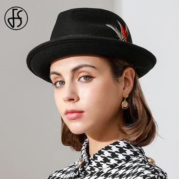 FS Retro Femei Jazz Pălării Biserica Pălării Fedora Pene Panglică Pălărie De Nunta Elegante, Panama Kentucky Derby Hat Con Flat Top
