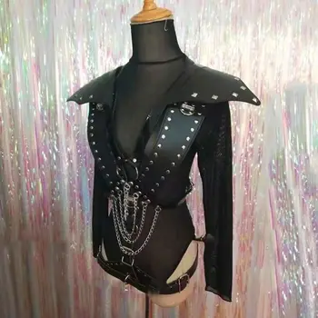 Femeile Punk din Piele Neagră Nit Armura Lanț de Metal Body Cosplay Costum de Soldați de sex Feminin Rol de Performanță Etapă Haine