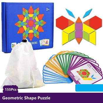 Treeyear 155 Buc Din Lemn Model Blocuri Set Forme Geometrice Puzzle Grădiniță Clasic De Învățământ Montessori Tangram Jucărie