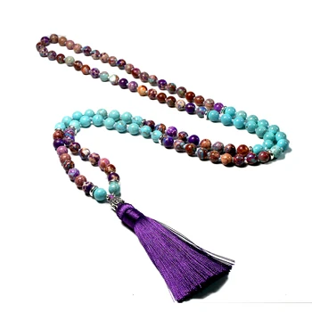 Înnodate 108 Mala Colier Pentru Femei Japamala Meditație de Vindecare Budist 8 MM Naturale Turcoaz Violet Ciucure Bijuterii