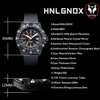 Hnlgnox Diver Mens Ceasuri Pilot Sport Tritiu Ceas T25 Luminos Militare 200M Impermeabil Cuarț Ceas de mână din Fibra de Carbon Caz