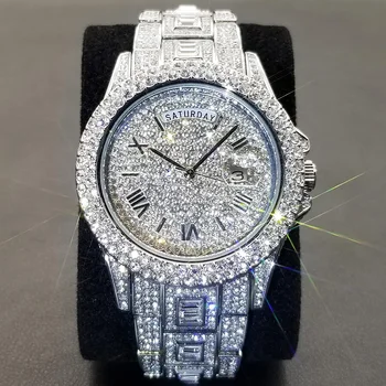 MISSFOX Noi Ziua Data Ceas Pentru Barbati de Lux Full Diamond Argint Cuarț Ceas de mână Hip Hop Gheață Impermeabil Ceasuri de Dropshipping
