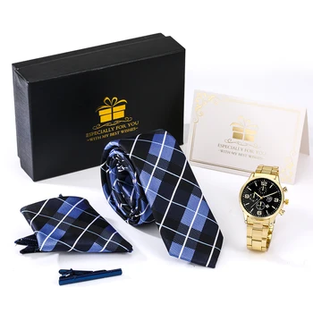 Moda de lux Ceasuri de Afaceri din Oțel Inoxidabil Cuarț Ceasuri de mana Albastru Carouri Cravată Set Cadou pentru Barbati de Aur Ceasuri Reloj Hombre