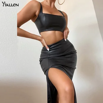 Yiallen Toamna Noua Moda Sexy din Piele PU Bretele și Split Fusta Două Bucata Set Pentru Femei Beach Club Streetwear Fusta Set Fierbinte