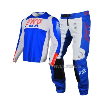 Delicat Fox Mach Echipament Motocross Cu Motociclete Albastru Alb Kituri De Munte Biciclete Offroad Jersey Pantaloni