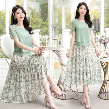 Rochie de moda Costum de sex Feminin 2021 Vara coreean de Mare Talie imprimeu Floral Rochii Plisate Plus Dimensiune Șifon Costum din Două piese X24