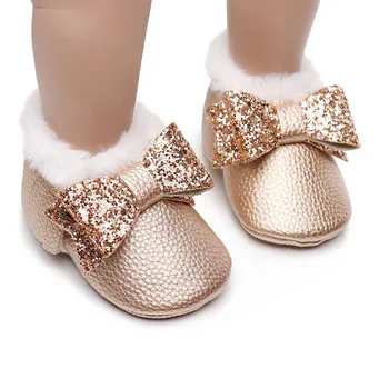 Iarna Copilul Copilul PU Pantofi din Piele Încălțăminte pentru Sugari Fete pentru Copii Pluș Moale Cizme de Zapada Bowknot Cald Bumbac Prima Pietoni Pantofi