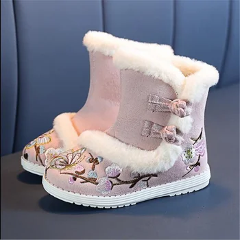 Cald Iarna Fete Cizme Hanfu fete pantofi brodate în stil Etnic copil Hanfu pantofi de Lumină fund non-alunecare de Pluș Cald cizme Înalte