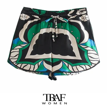 TRAF Za de Moda pentru Femei Buzunare Laterale Imprimate Bermude Epocă de Mare Talie Elastic Partea de Guri de sex Feminin Pantaloni scurti Mujer