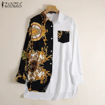 Femei Epocă Tricouri Imprimate ZANZEA Rever Maneca Lunga Tunica 2021 Toamna Supradimensionate Mozaic Topuri de Moda de sex Feminin Casual Camasa