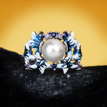 CIZEVA de Lux Argint 925 Naturale Baroc Pearl Inel pentru Femei Smalț Albastru Butterflry Floare Inel de Nunta Doamnelor Bijuterii
