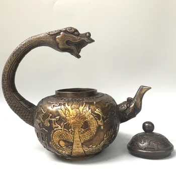Art Colecția de Antichități Chinezești Vechi de Bronz lucrate Manual Dragon Oală/Ceainic Decorativ,Timp 18CM,Inaltime 15CM