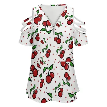 Cherry Tricou Fructe De Pe Umăr Zip Noua Moda Doamnelor Tricou Street Wear V Gât T-Shirt