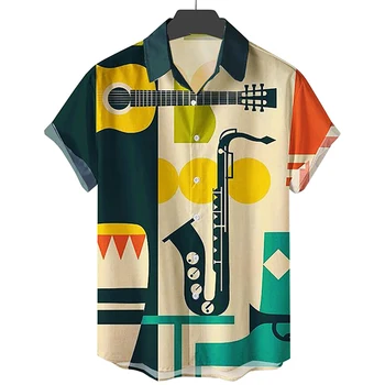 Noua Moda Vintage 3d Instrument Muzical Tricouri Hawaiian Summer Beach Scurt Bluza cu Maneci Supradimensionate Topuri Camiseta Masculina