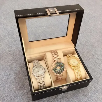 Ceas din piele Caseta de Bijuterii de Afișare Ceas de Depozitare Organizator Cutie Container de 3 Celule de Piele Vitrate Caz ceas cutie cu 3 celule de vânzare fierbinte